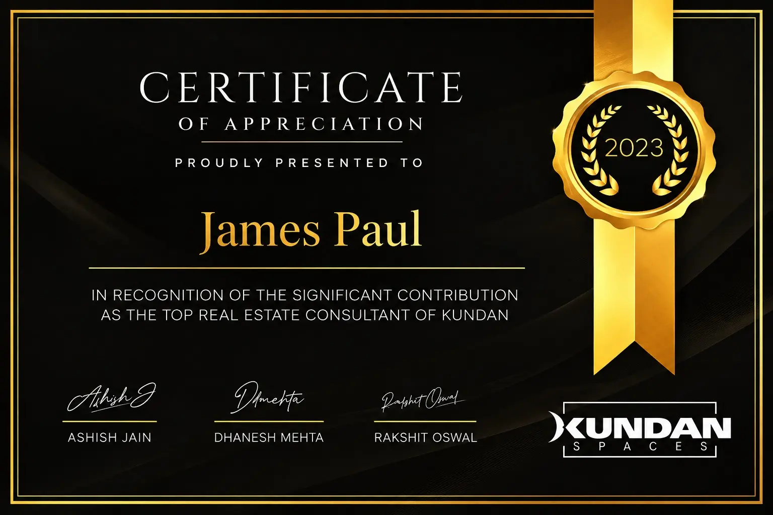 Kundan Spaces Certificate